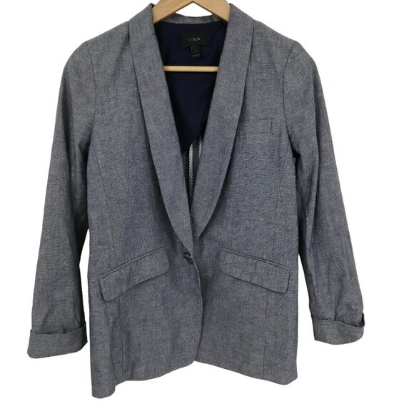 J Crew Unstructured Linen Cotton Boyfriend Blazer Size 2 Blue One Button Pockets - Picture 1 of 9